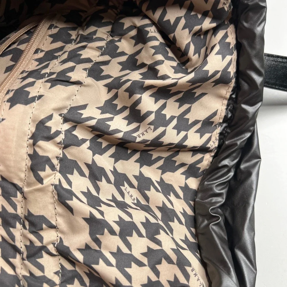 L.A.M.B. Gwen Stefani Metallic Ruched Puffer Tote Bag Houndstooth Lining
